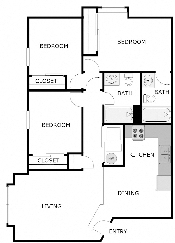 Floor plan for 3 beds, 2 baths, 928 sqft